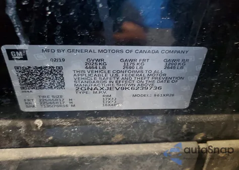 2019 Chevrolet Equinox Lt из США, поврежденный, VIN 2GNAXJEV9K6239736